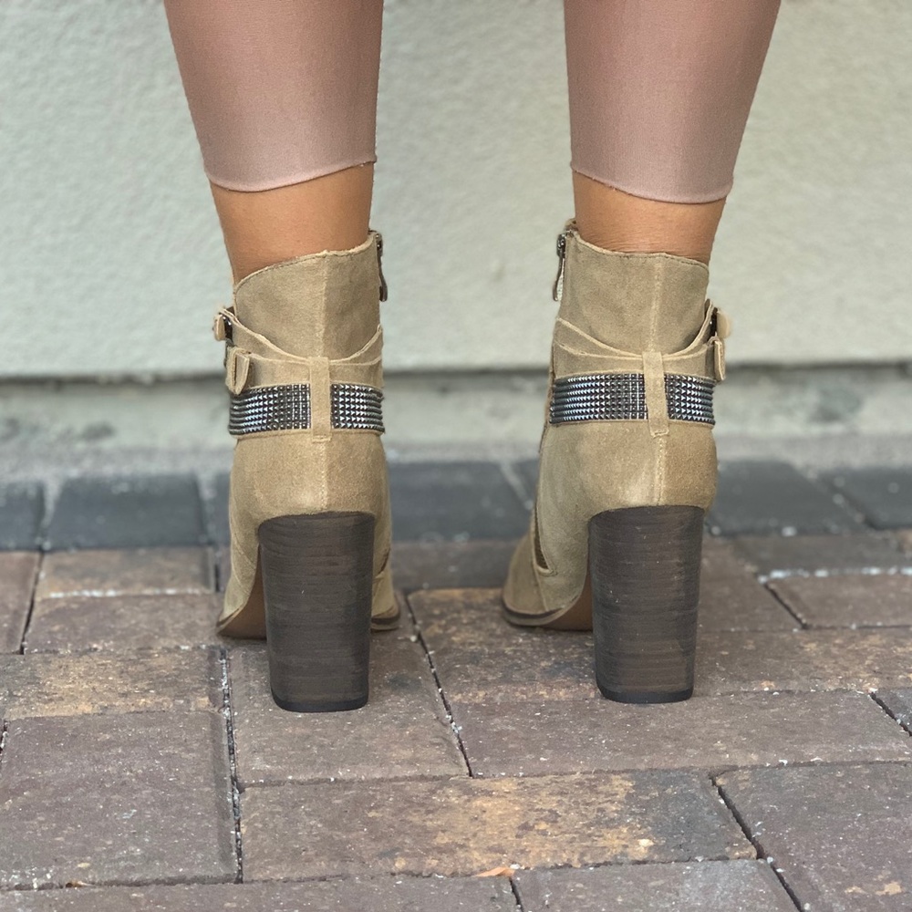 Tan Genuine Suede Buckle Embellished Ankle Booties - Picture 5 of 8